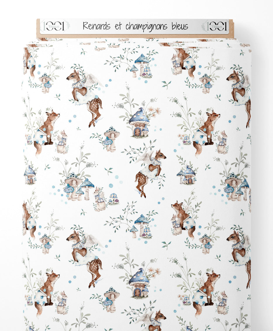 Tissu - Renards et champignons bleus