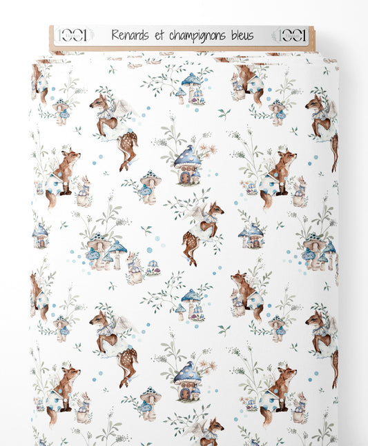 Tissu - Renards et champignons bleus