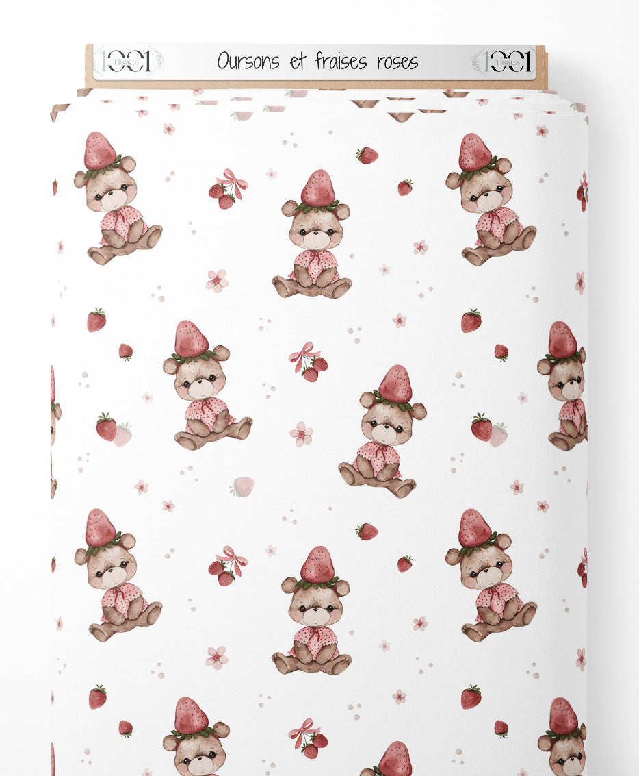 Tissu - Oursons et fraises roses