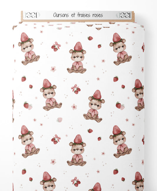 Tissu - Oursons et fraises roses