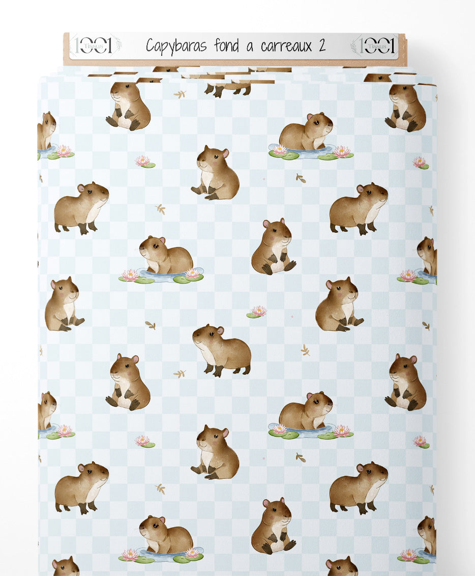 Tissu - Capybaras sur fond à carreaux 2