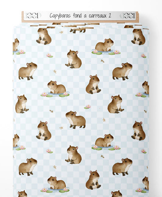 Tissu - Capybaras sur fond à carreaux 2