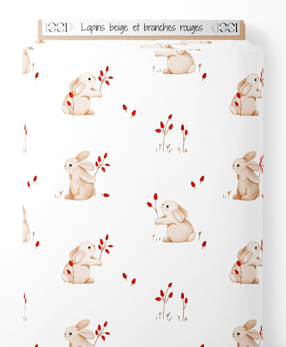 Tissu - Lapins beige et branches rouges