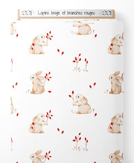 Tissu - Lapins beige et branches rouges