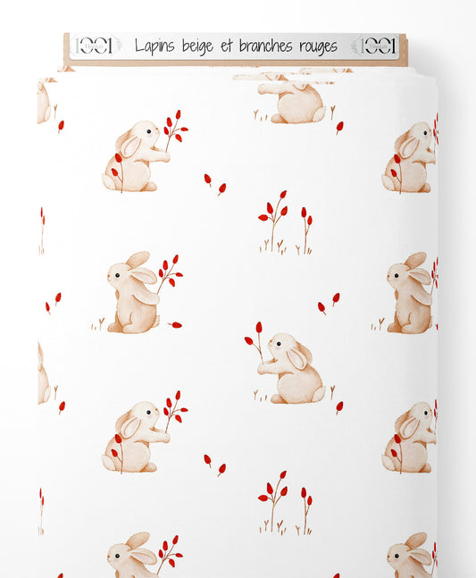Tissu - Lapins beige et branches rouges