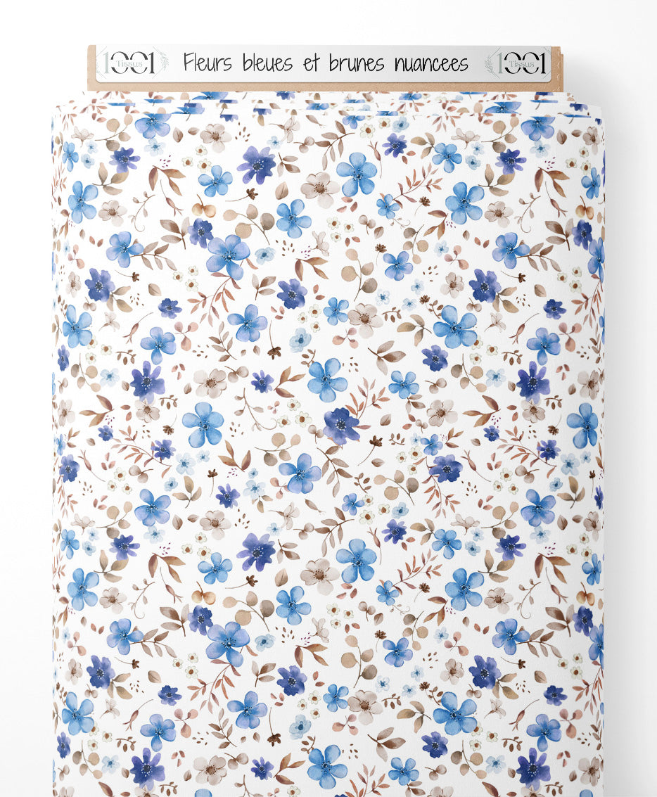 Tissu - Fleurs bleues et brunes nuancées