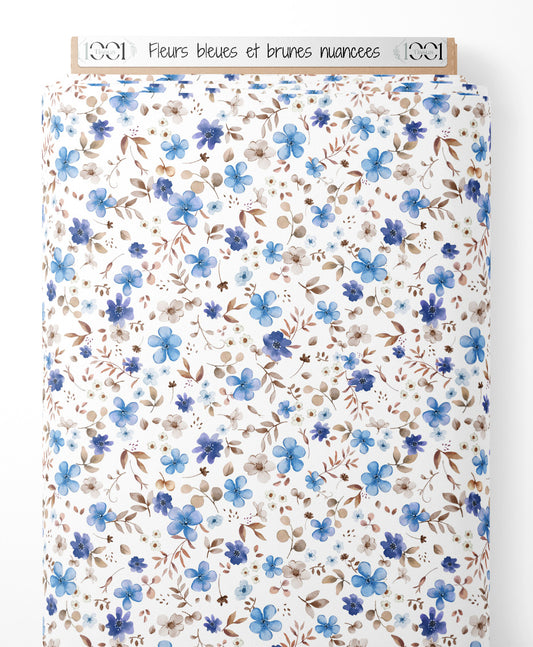 Tissu - Fleurs bleues et brunes nuancées
