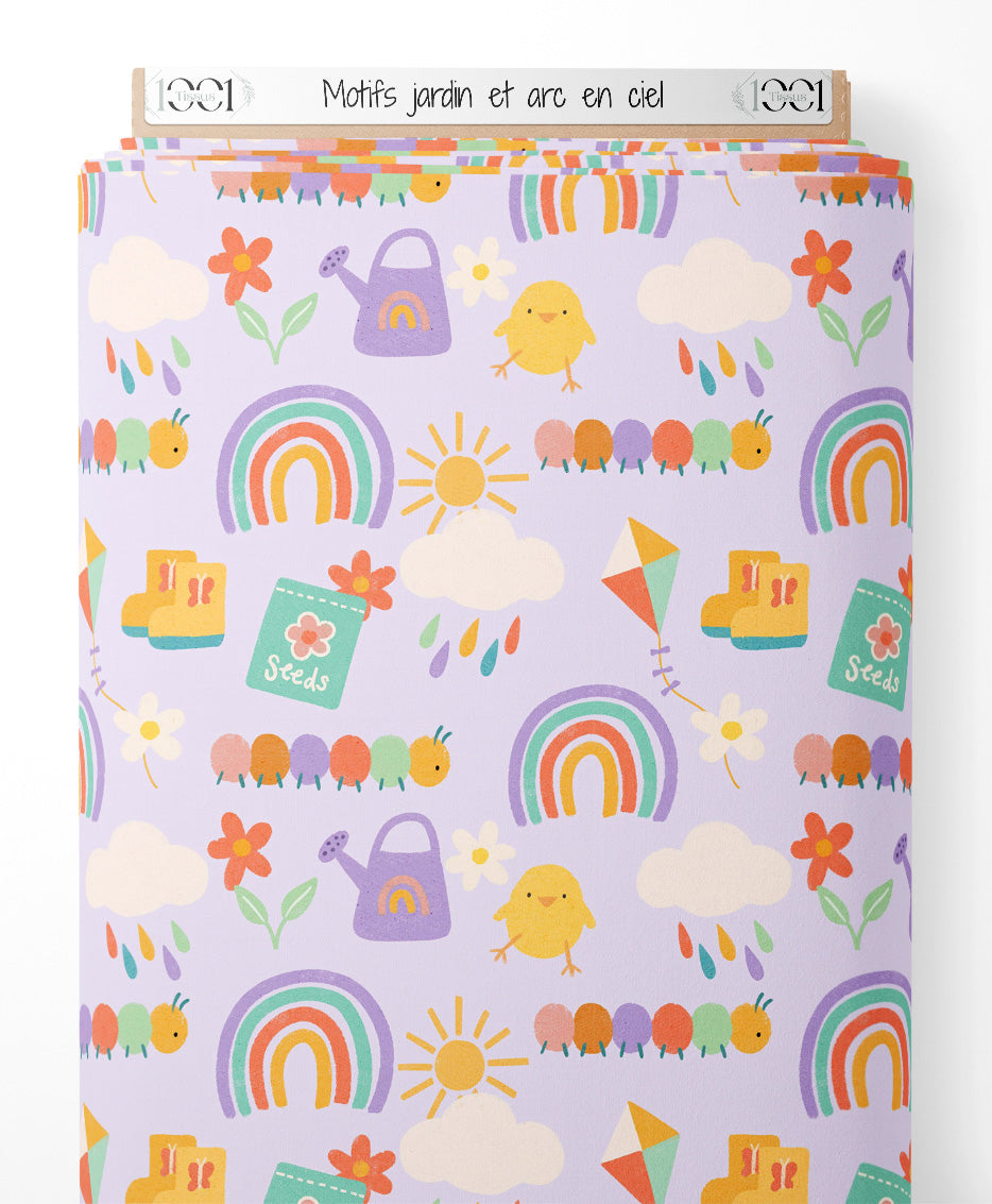 Tissu - Motifs jardin et arc-en-ciel