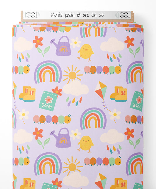 Tissu - Motifs jardin et arc-en-ciel