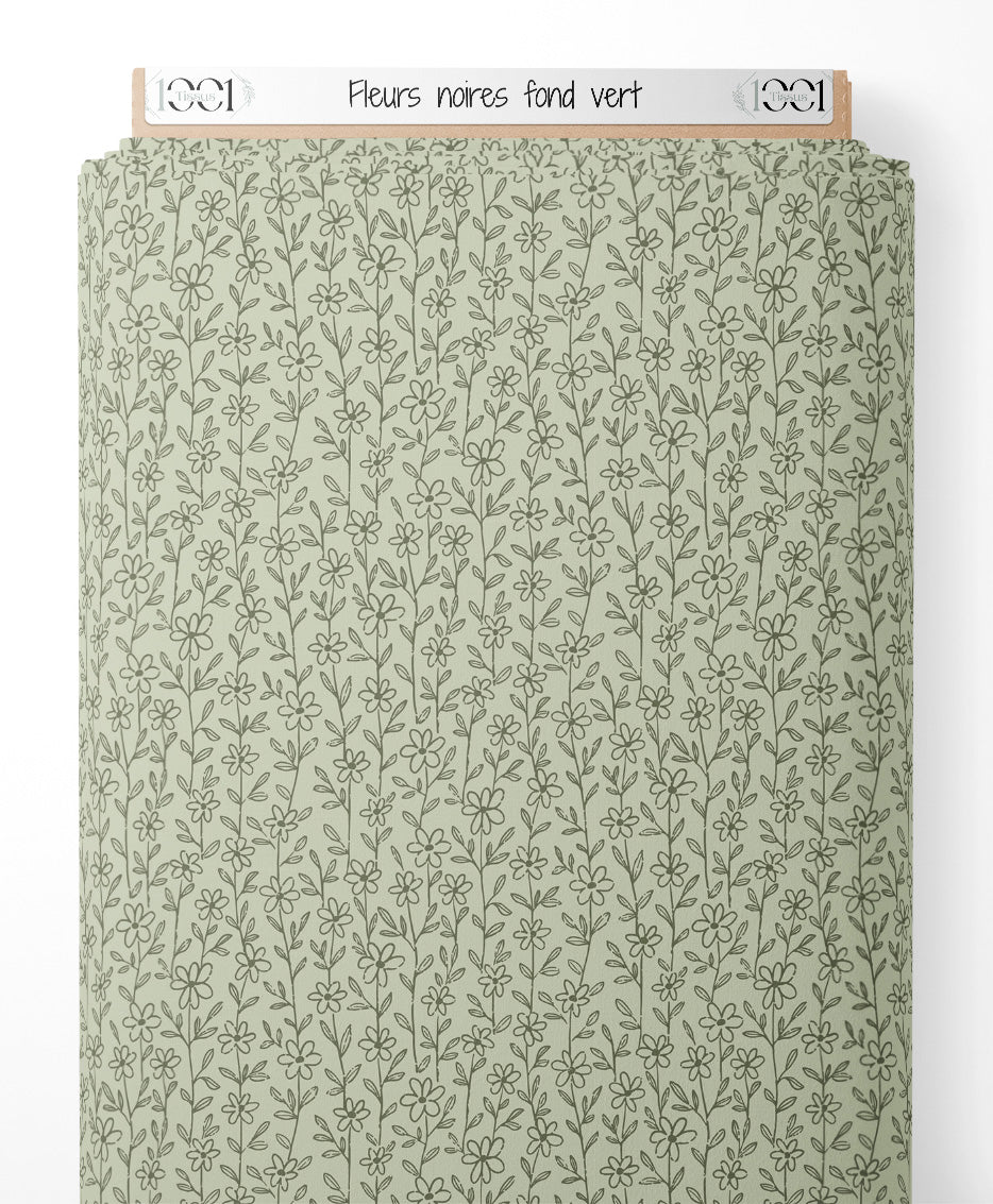 Tissu - Fleurs noires sur fond vert