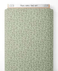 Tissu - Fleurs noires sur fond vert