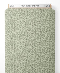 Tissu - Fleurs noires sur fond vert