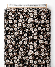 Tissu - Fleurs blanches et feuilles brunes 4