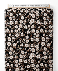 Tissu - Fleurs blanches et feuilles brunes 4