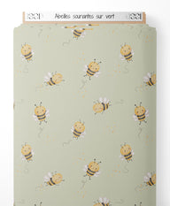 Tissu - Abeilles souriantes sur vert