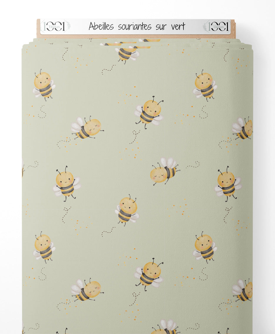 Tissu - Abeilles souriantes sur vert