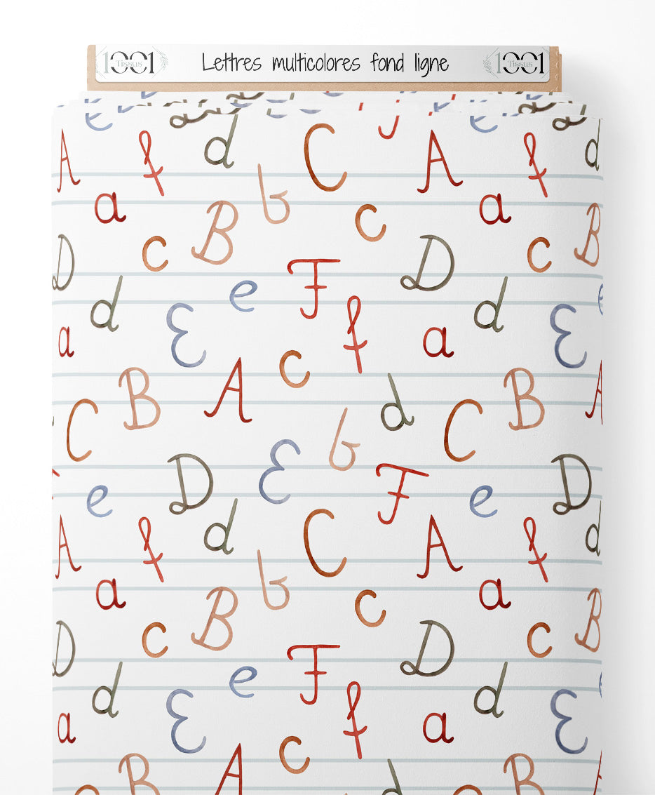 Tissu - Lettres multicolores sur fond ligné