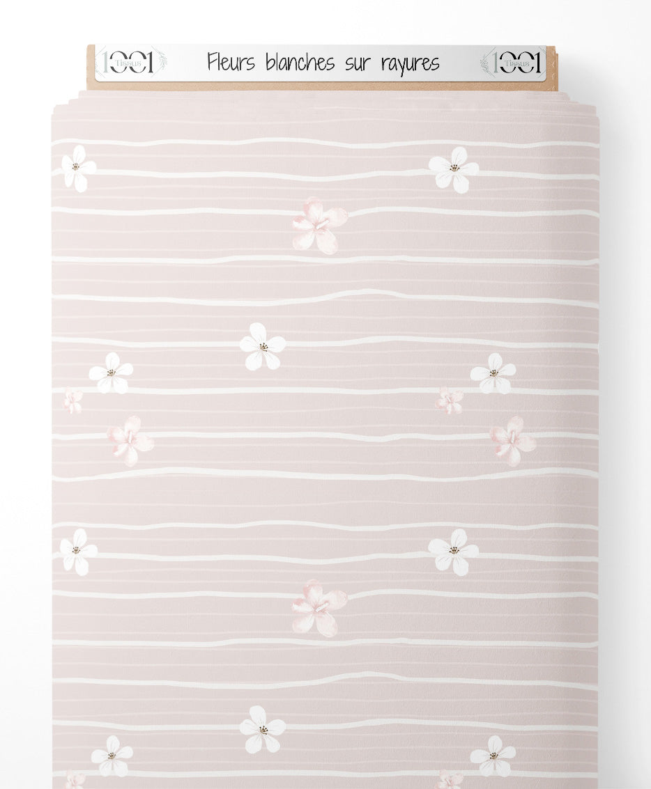Tissu - Fleurs blanches sur rayures