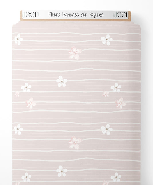 Tissu - Fleurs blanches sur rayures