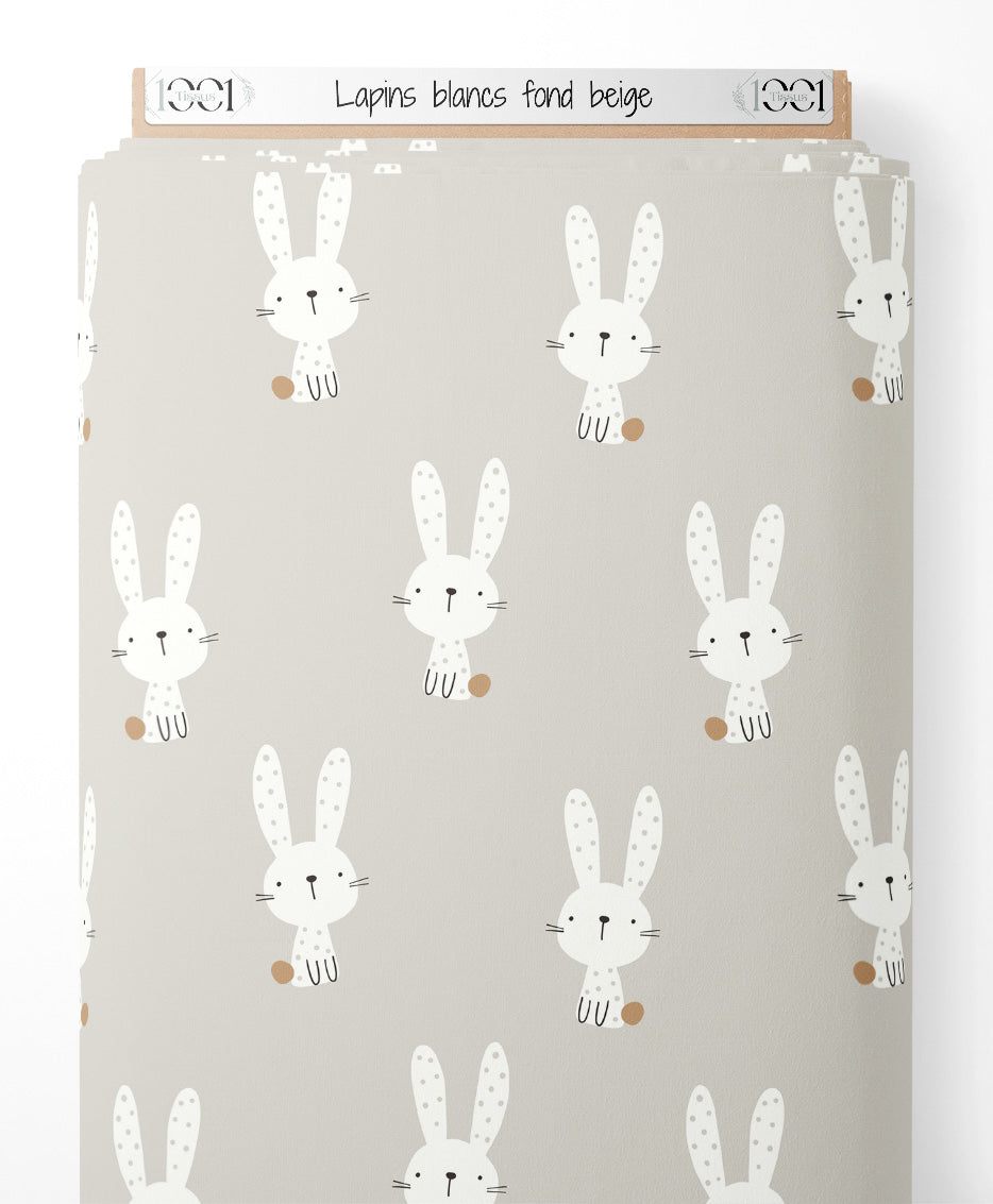 Tissu - Lapins blancs sur fond beige