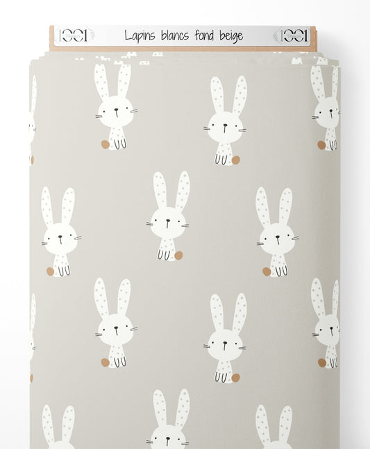Tissu - Lapins blancs sur fond beige