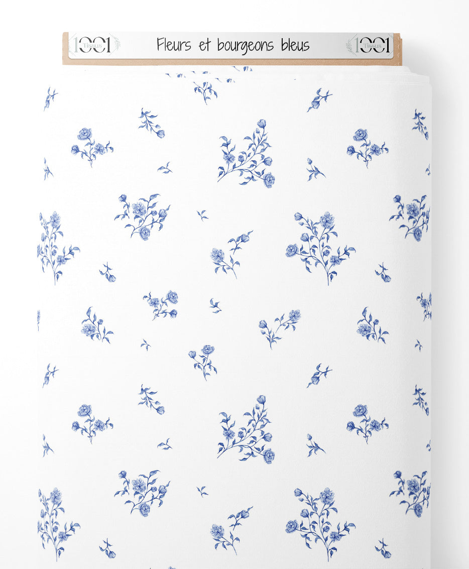 Tissu - Fleurs et bourgeons bleus