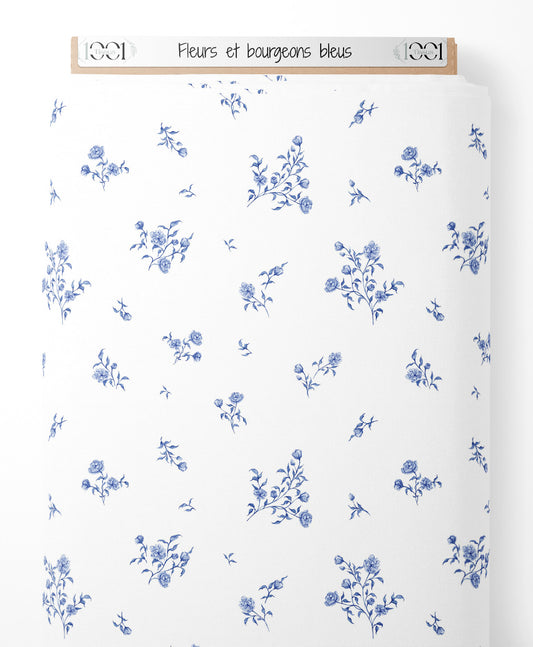 Tissu - Fleurs et bourgeons bleus