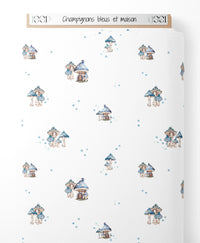 Tissu - Champignons bleus et maison