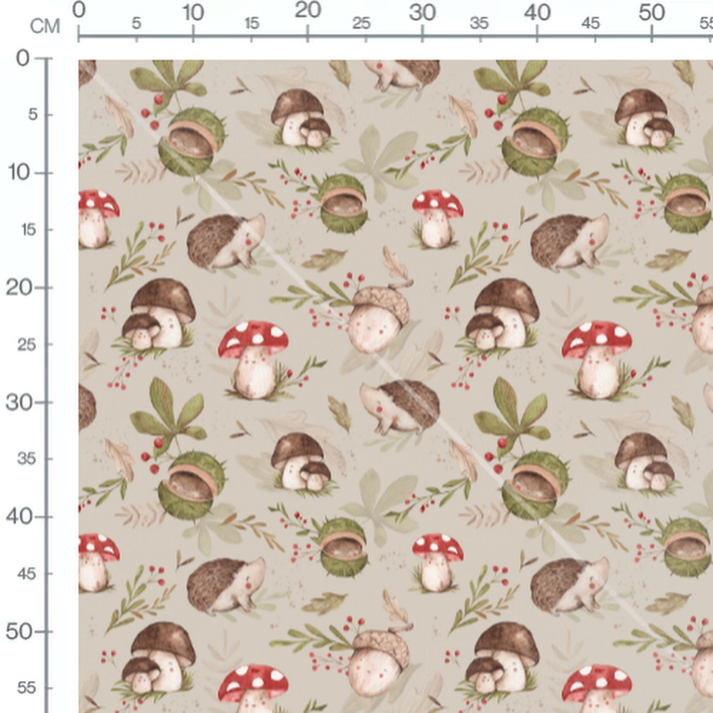 Tissu - Hérissons et champignons beige