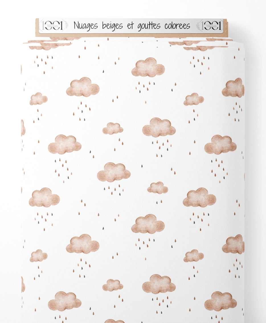 Tissu - Nuages beiges et gouttes colorées