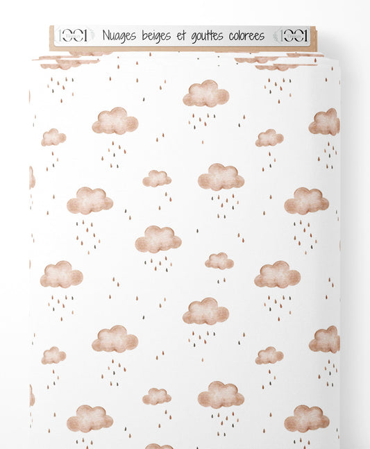 Tissu - Nuages beiges et gouttes colorées