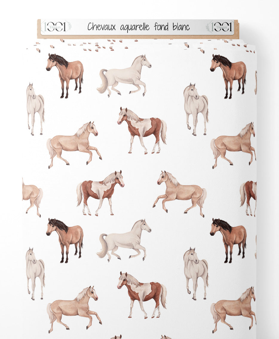 Tissu - Chevaux aquarelle fond blanc