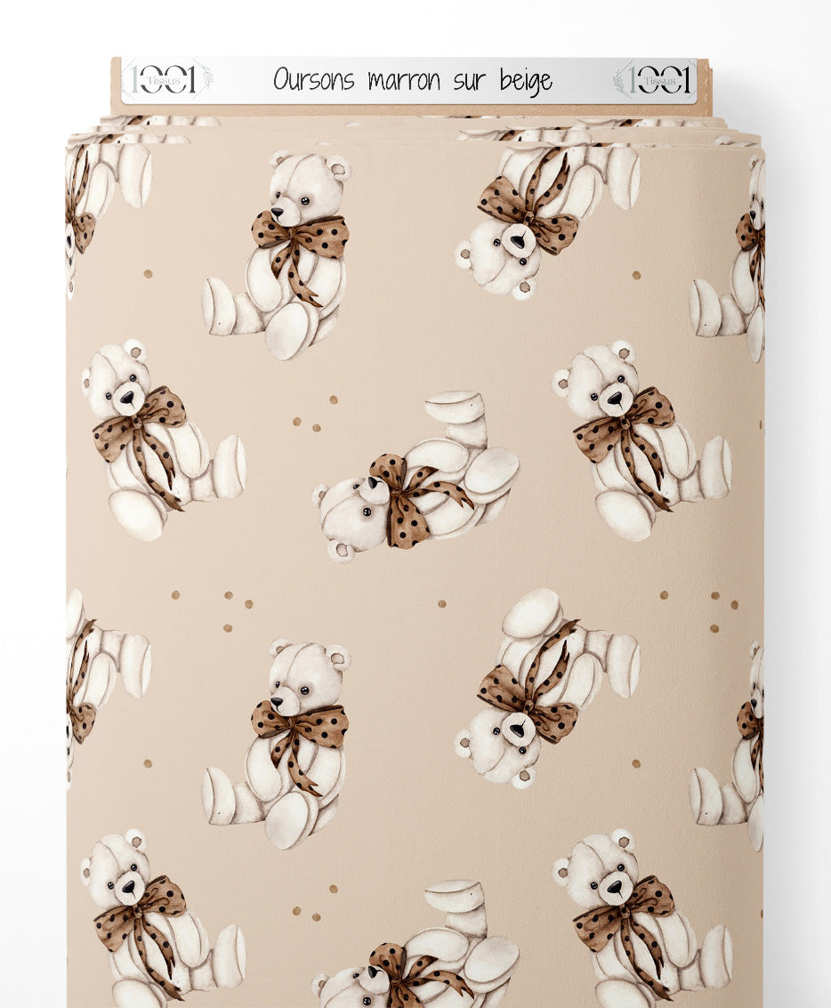 Tissu - Oursons marron sur beige
