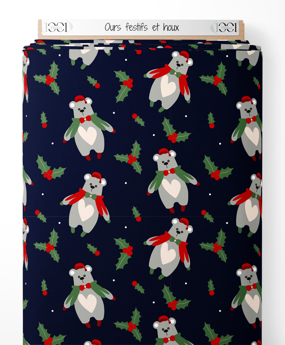 Tissu - Ours festifs et houx