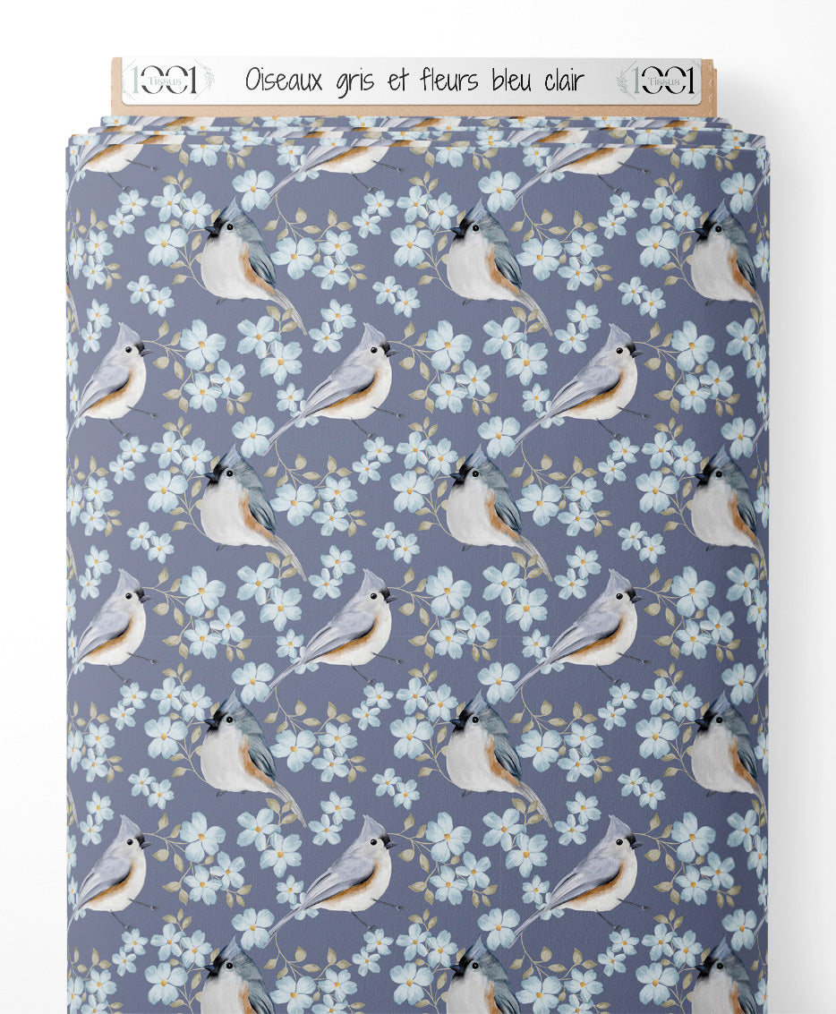 Tissu - Oiseaux gris et fleurs bleu clair