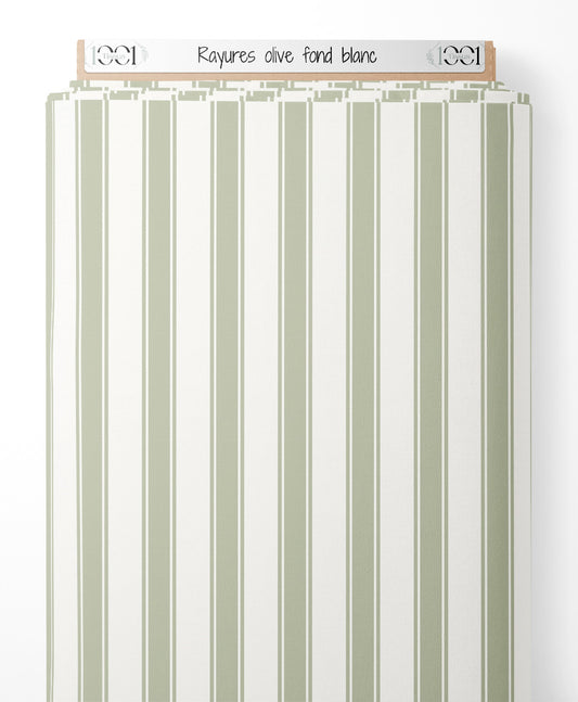Tissu - Rayures olive sur fond blanc