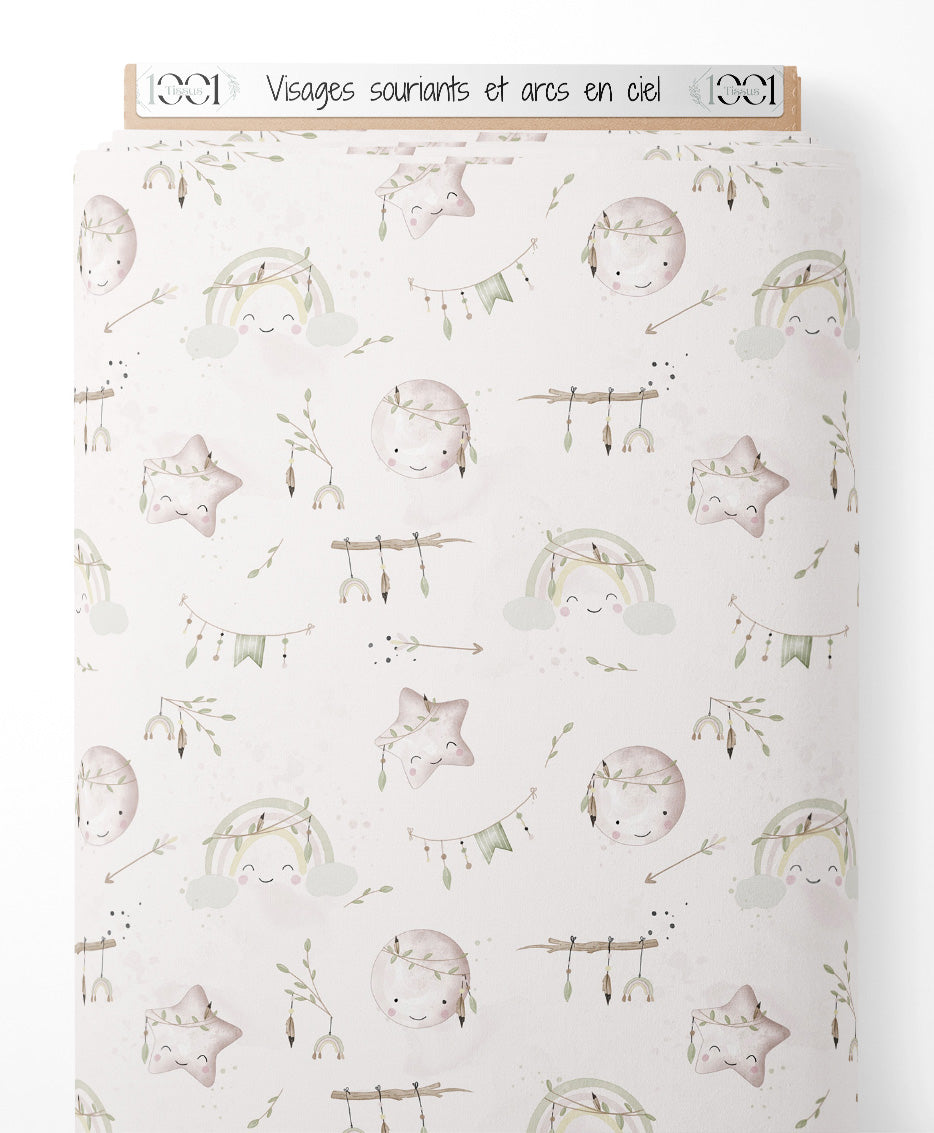 Tissu - Visages souriants et arcs-en-ciel