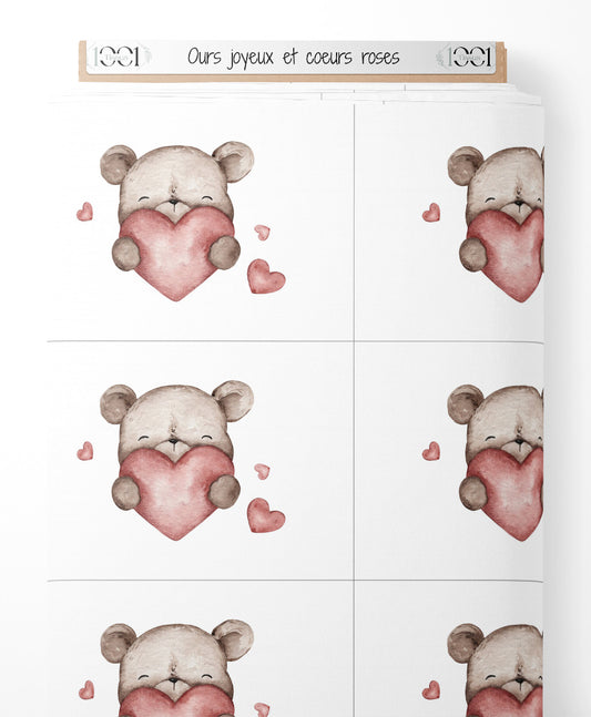 Tissu - Ours joyeux et cœurs roses