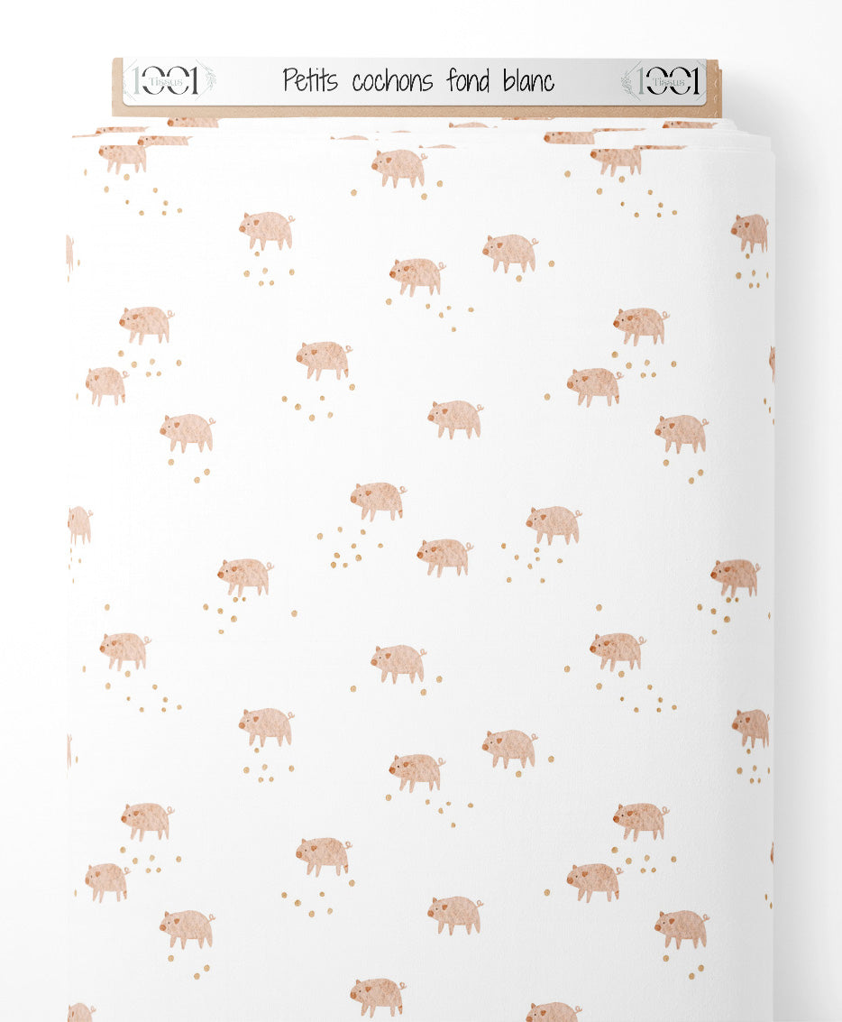 Tissu - Petits cochons sur fond blanc