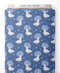 Tissu - Canards fleuris sur fond bleu
