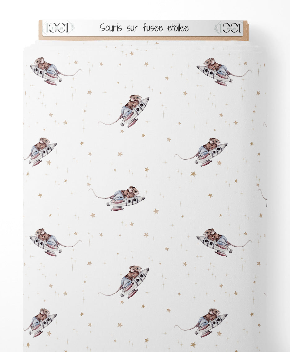 Tissu - Souris sur fusée étoilée