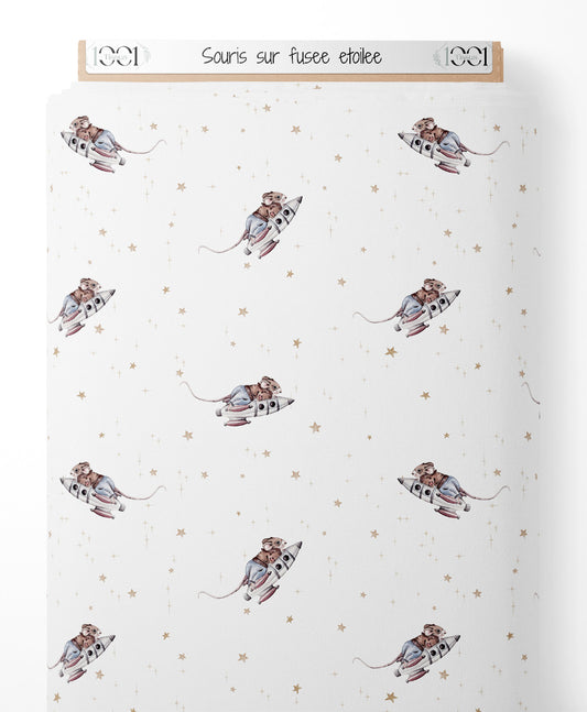 Tissu - Souris sur fusée étoilée