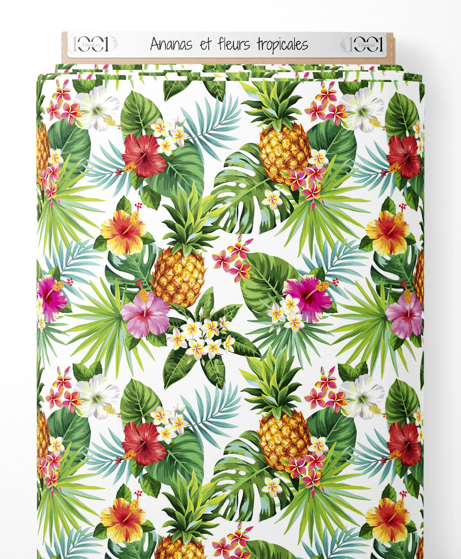 Tissu - Ananas et fleurs tropicales