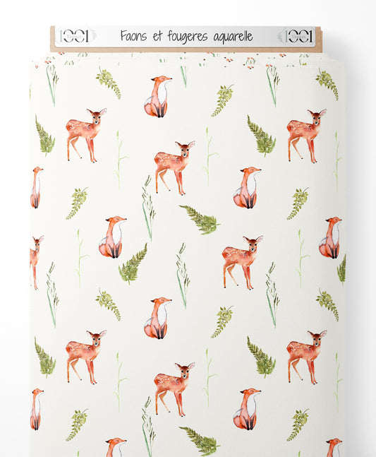 Tissu - Faons et fougères aquarelle