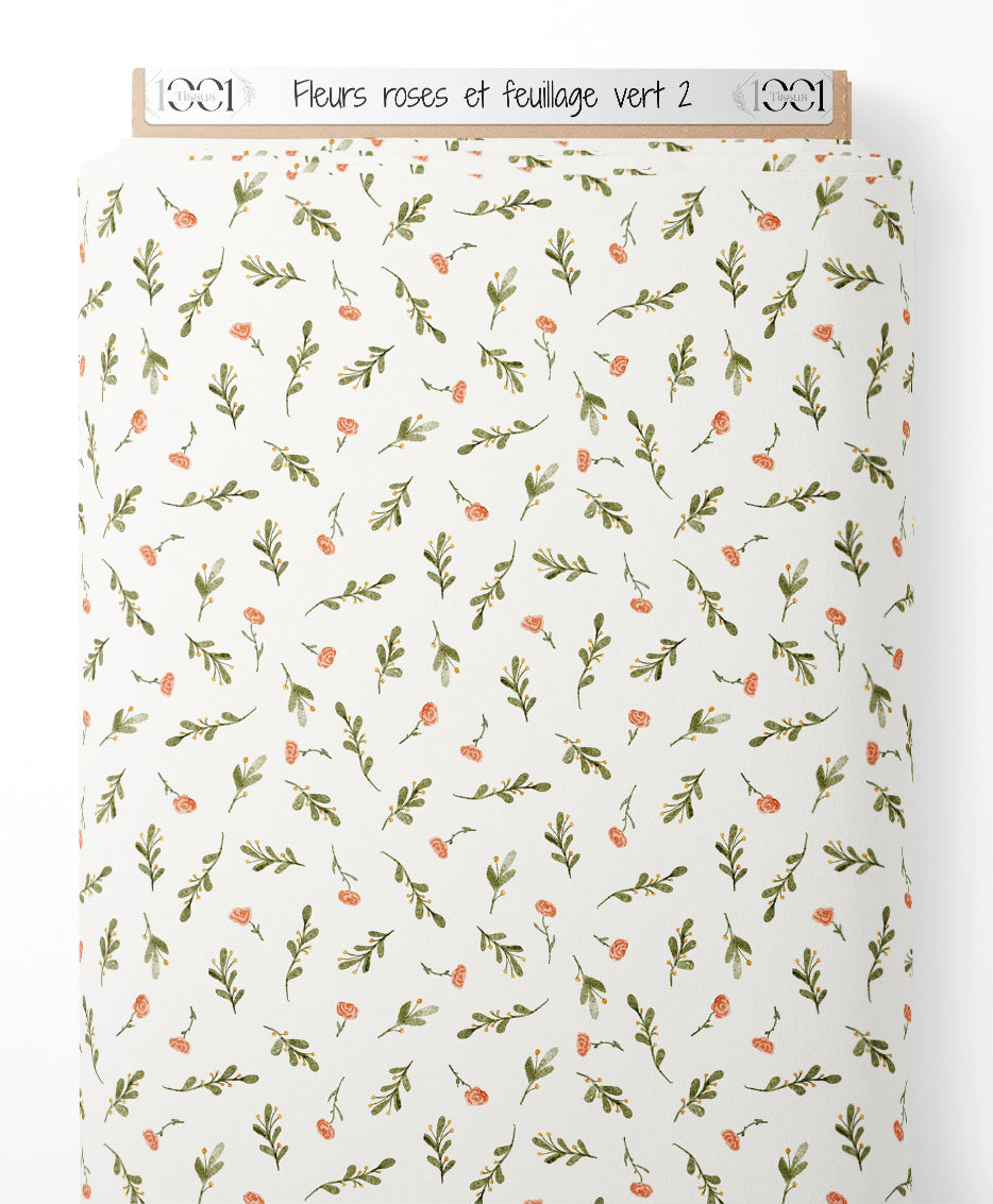 Tissu - Fleurs roses et feuillage vert 2