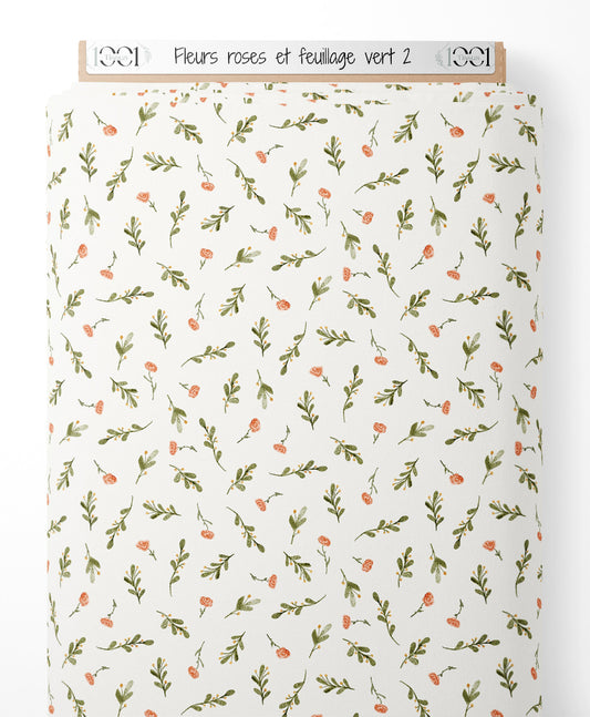 Tissu - Fleurs roses et feuillage vert 2