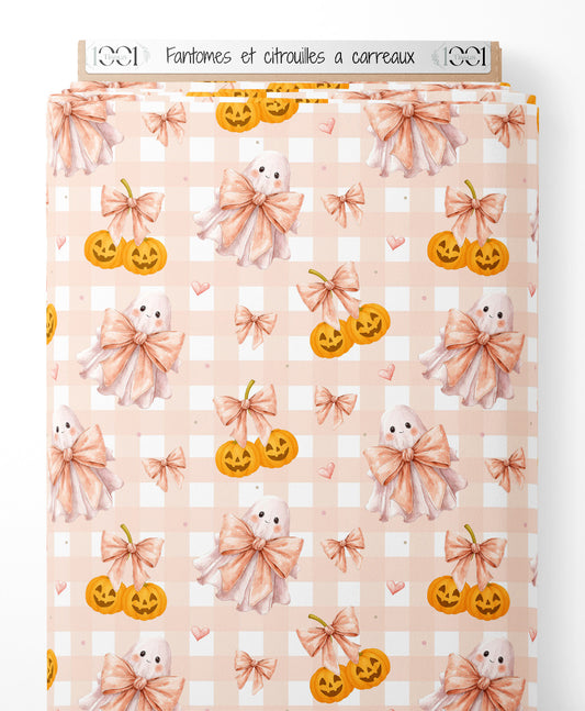 Tissu - Fantômes et citrouilles à carreaux