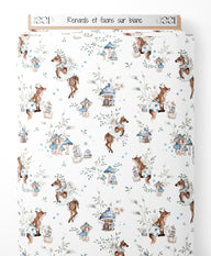 Tissu - Renards et faons sur blanc