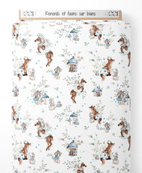 Tissu - Renards et faons sur blanc