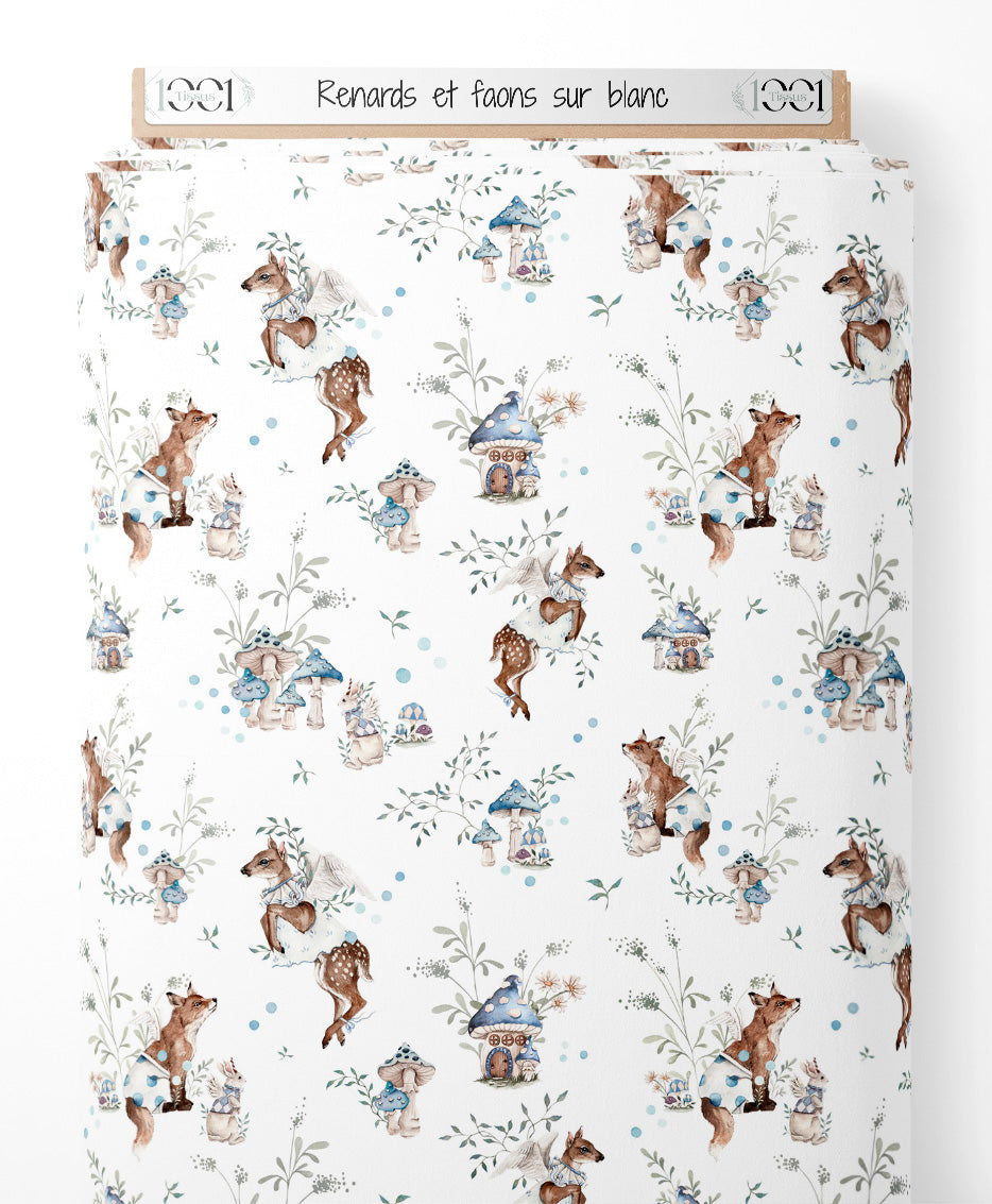 Tissu - Renards et faons sur blanc